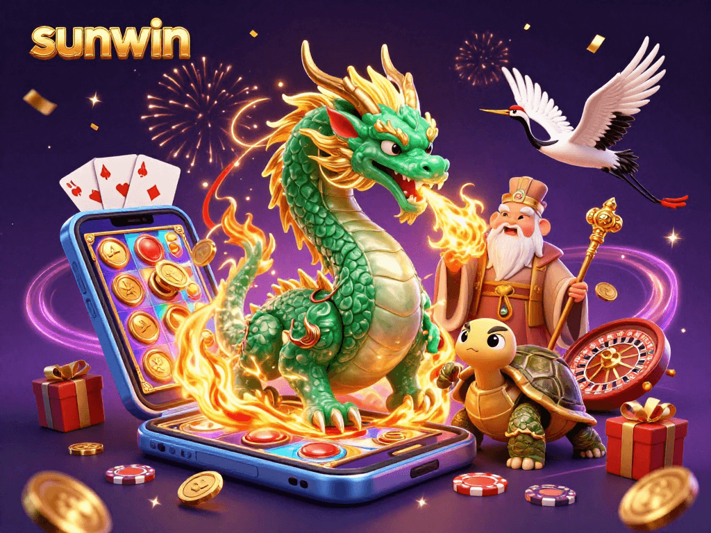Experience thrilling moments at sunwin with a jade dragon, lucky cranes, and exciting casino game elements.