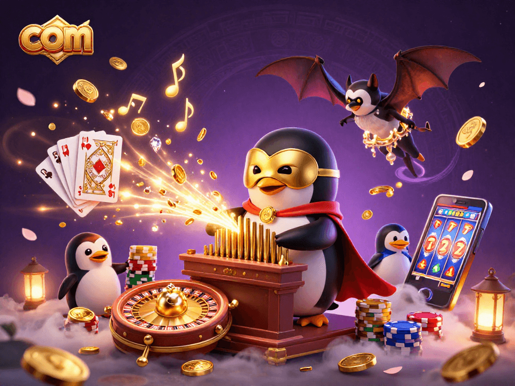 Experience vibrant casino thrills with com as golden coins rain down from a penguin organist.
