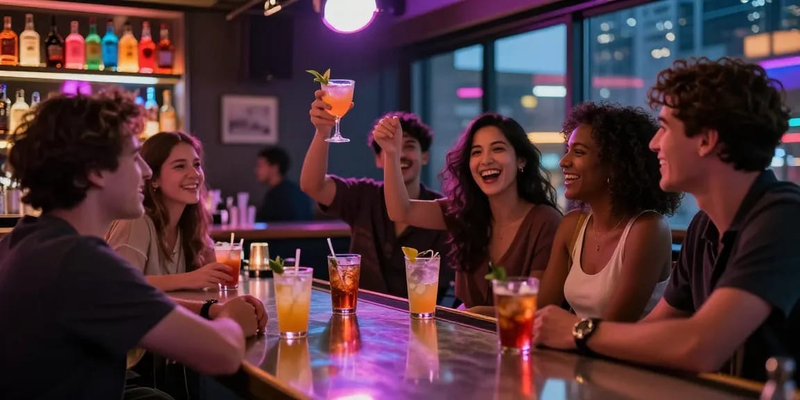 Vibrant nightlife scene at a bar depicting friends celebrating together, capturing an engaging nsfw ambiance.