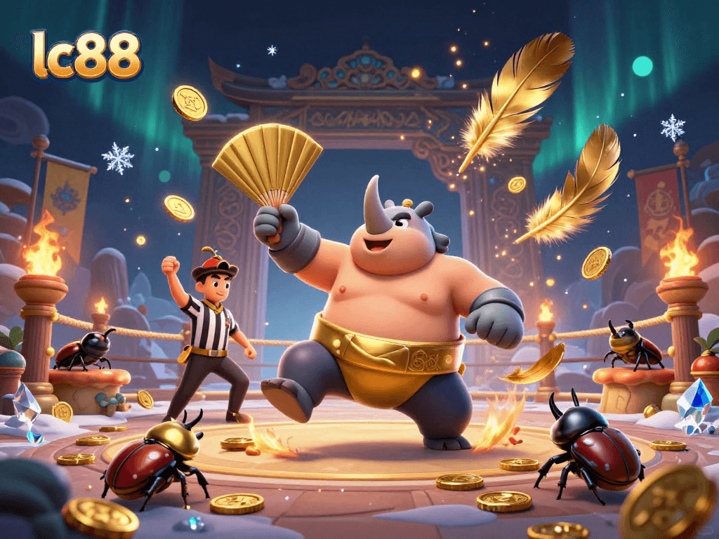 Enter the dynamic world of lc88 with a 3D cartoon illustration of beetle champions and gold coins.