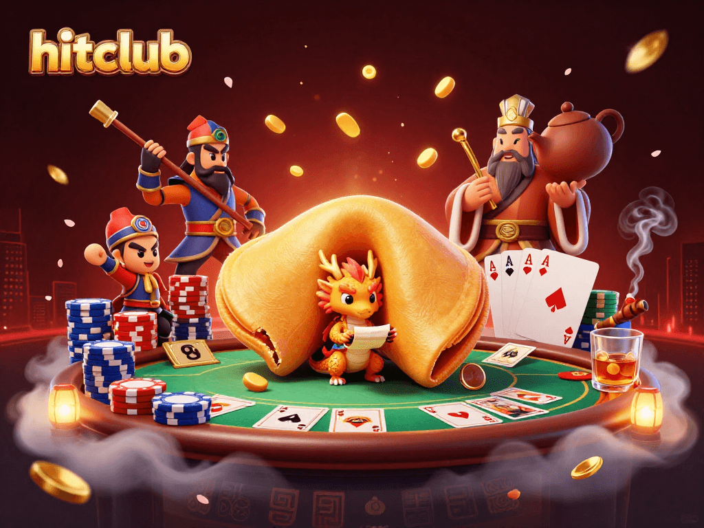 Experience the thrill of hitclub with a vibrant 3D casino scene featuring cards and chips.