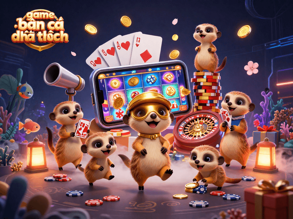 Experience an energetic game bắn cá đổi thưởng with meerkats in a vibrant casino scene featuring underwater elements and various gaming features.