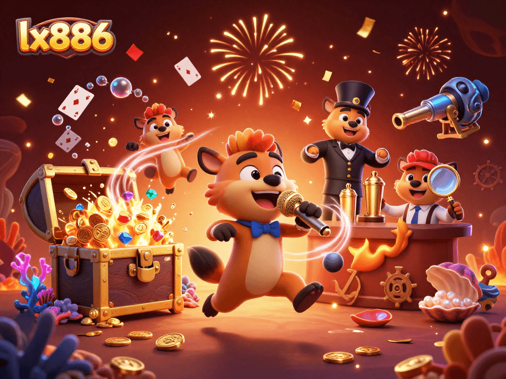Experience the thrill of lx886 with a dynamic 3D casino scene featuring hyenas and vibrant gambling elements.