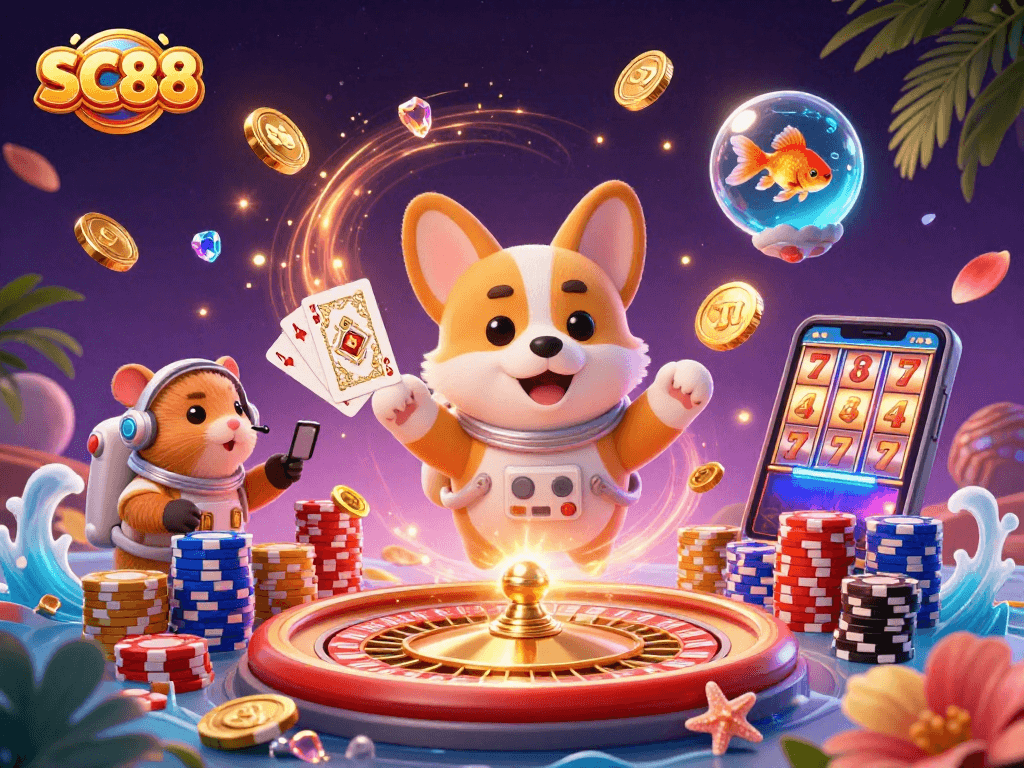 Play at SC88 with a vibrant scene featuring a cartoon corgi astronaut, poker chips, and dynamic game elements.