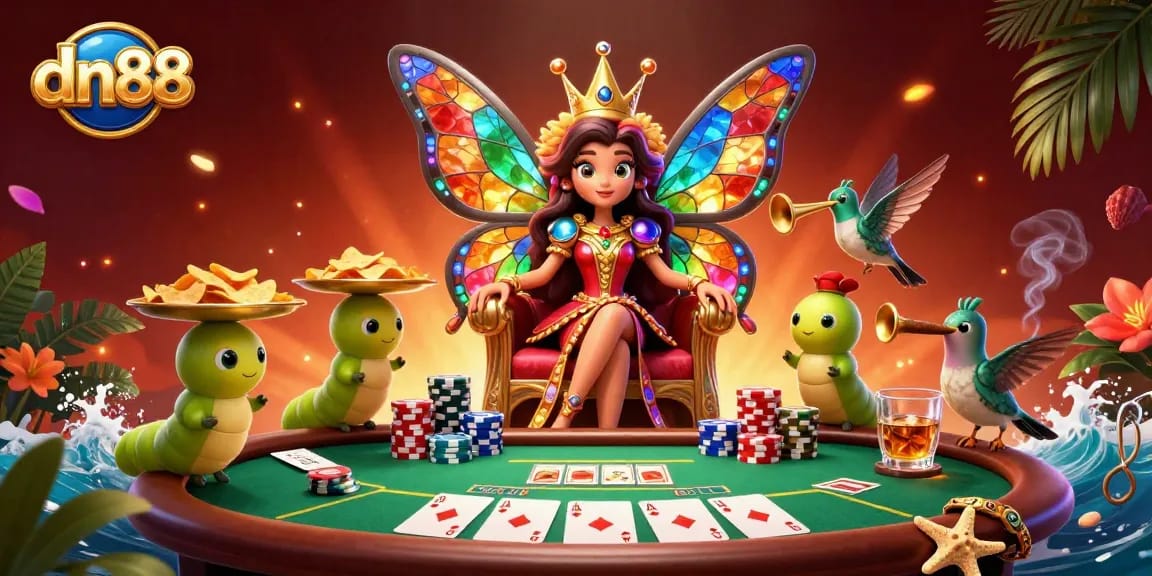 Experience gambling excitement with dn88’s vibrant casino scene featuring a butterfly queen and poker elements.