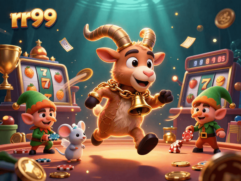 Win big at rr99 with a festive casino scene showcasing Krampus and gaming action