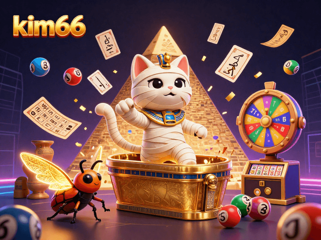 Experience the thrill of action-packed gaming at kim66 with a lively pyramid casino scene.