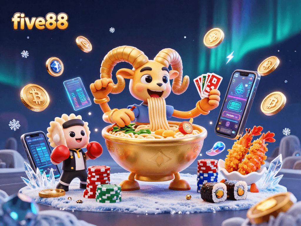 Engage with five88's vibrant gaming world featuring action-packed characters and neon crypto elements.