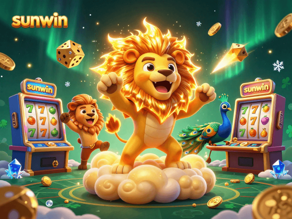 Spin the reels with sunwin's vibrant 3D casino illustration featuring a roaring sun lion amidst dazzling gaming elements.