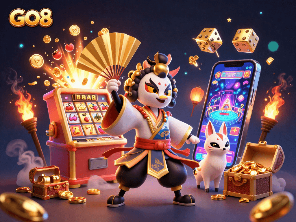 Experience GO8's thrilling casino atmosphere with vibrant characters and explosive jackpot visuals