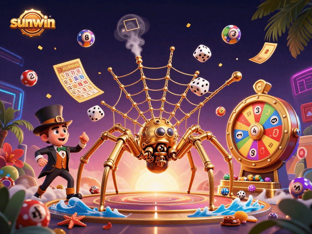 Engage with sunwin's vibrant lottery scene featuring a golden spider and colorful game elements.