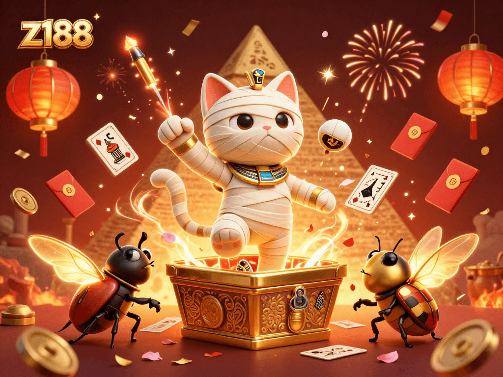 Engage with z188's thrilling casino experience featuring cartoon mummies and casino elements.