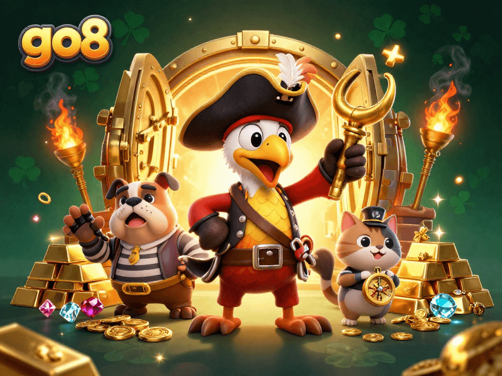 Experience exciting gameplay at go8 with a vibrant 3D casino scene featuring treasure elements and engaging characters.