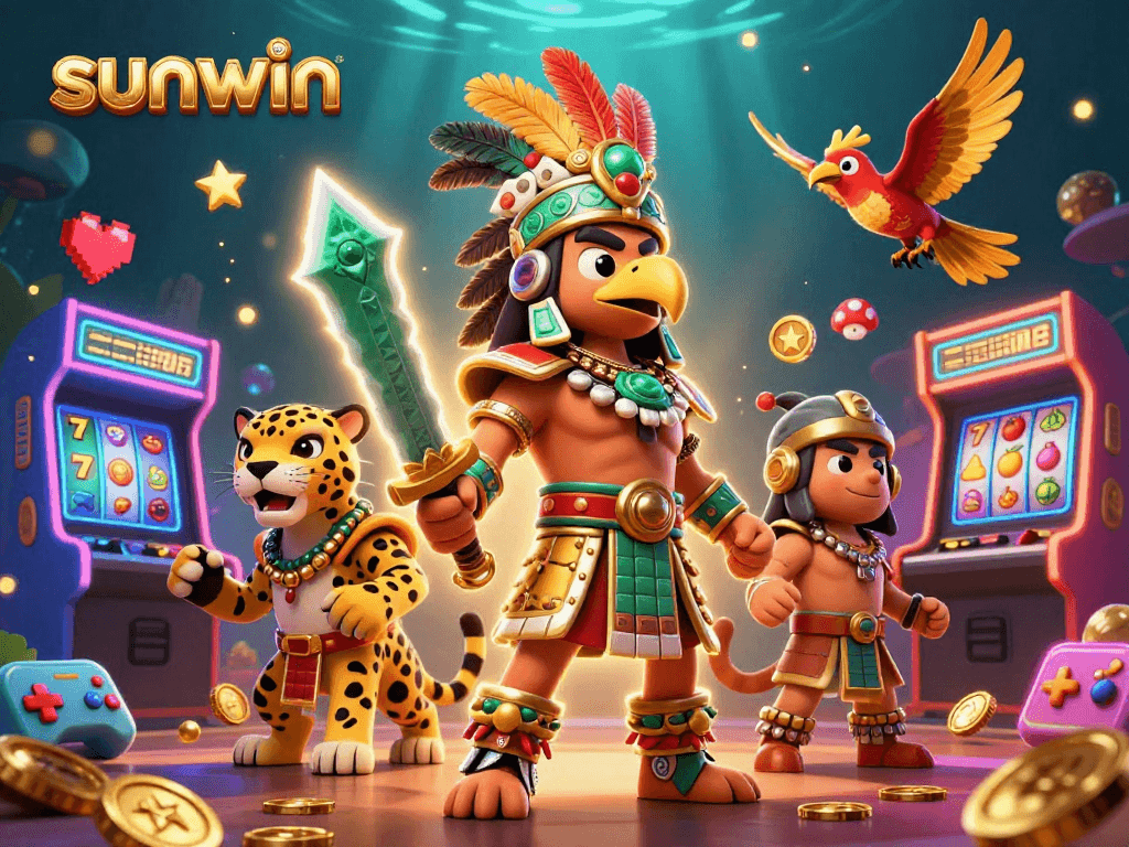 Experience the thrill of sunwin gaming with this vibrant 3D illustration featuring dynamic characters and casino elements.