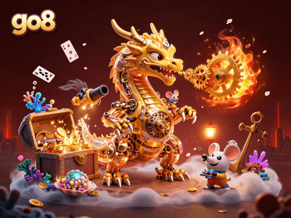 Experience thrilling gameplay at go8 with a golden dragon, treasure, and casino elements.