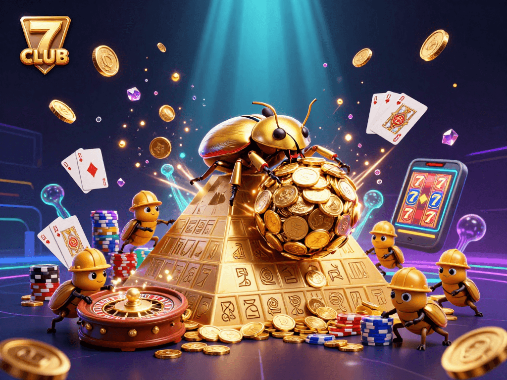 Experience winning at 7CLUB with a 3D golden dung beetle amidst casino elements.