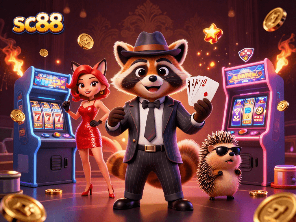 Play exciting games at sc88 with a chic raccoon, glamorous fox, and a cool hedgehog in a vibrant casino scene.