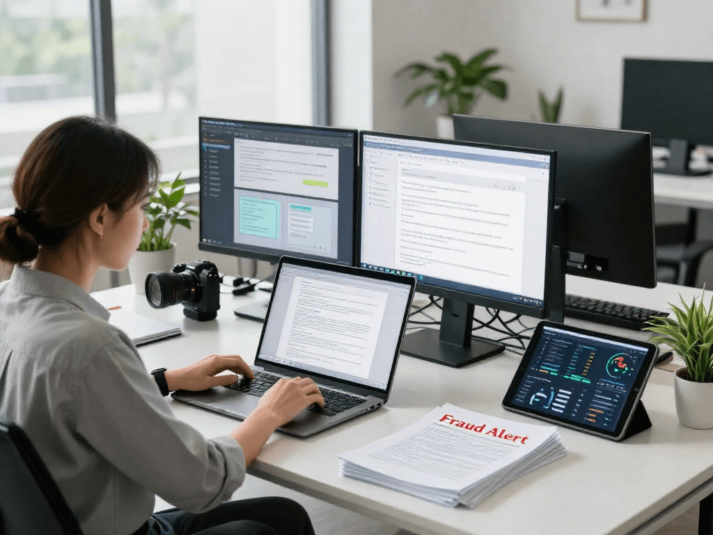 Data analyst reviewing document fraud detection tool with alerts on suspicious documents in a modern office.