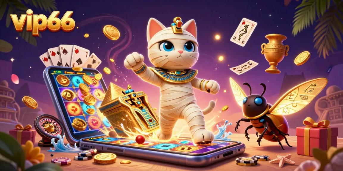Play engaging games at vip66, featuring a vibrant scene of a mummy cat in a casino.