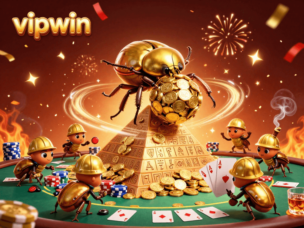 Experience the excitement of vipwin with a dynamic scene featuring golden beetles amidst casino elements, celebrating big wins.