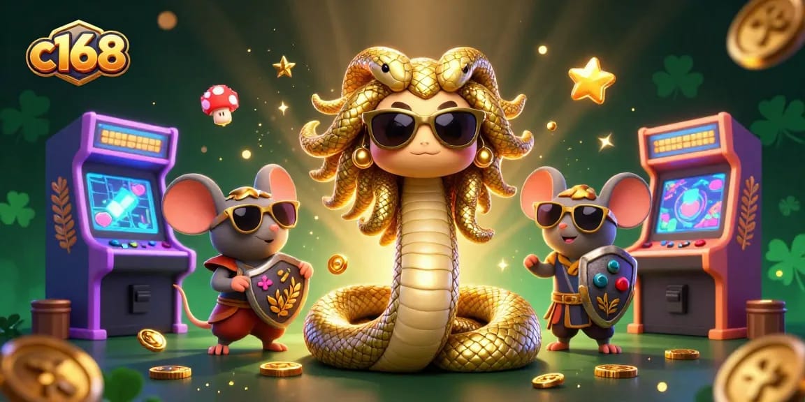Engage with c168's vibrant 3D gaming world featuring Medusa, warrior mouse, and casino elements!