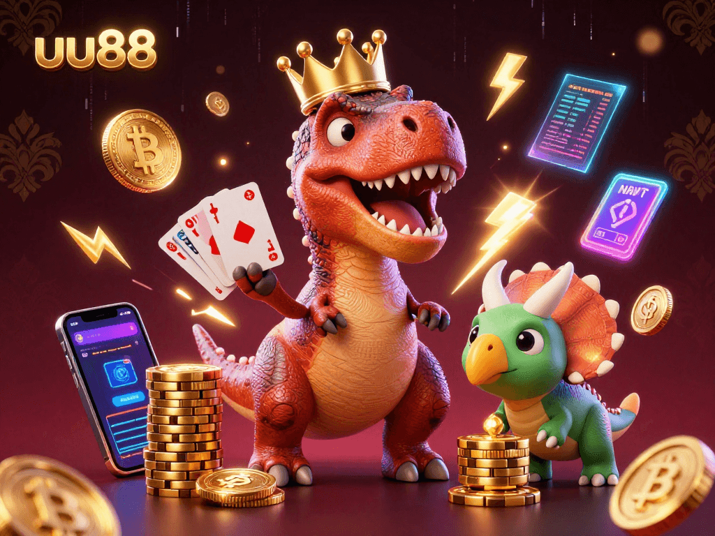 Join the fun with uu88 as a friendly T-Rex and pals play cards amidst vibrant casino themes and crypto elements.