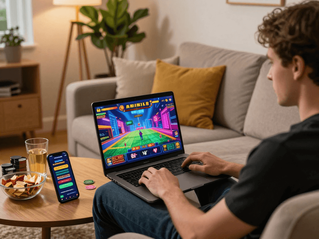 Engaged player enjoying online casinos at home through https://blackhills-info.com, showcasing vibrant gaming atmosphere.
