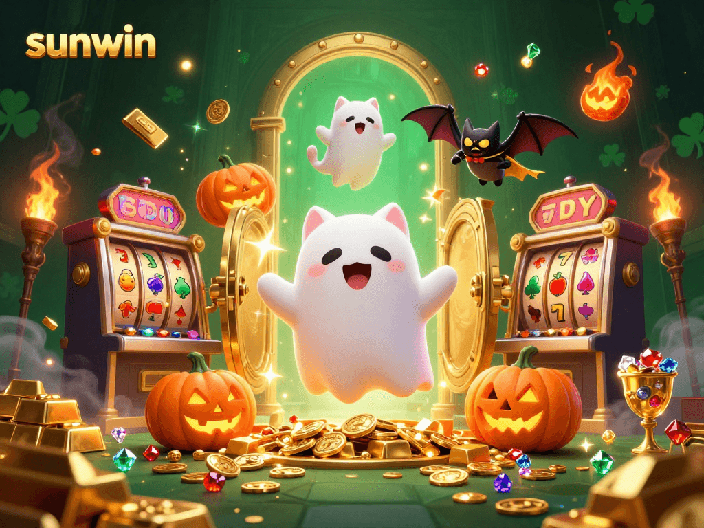 Experience sunwin's vibrant world with a ghost cat and vampire bat in a haunted casino scene.