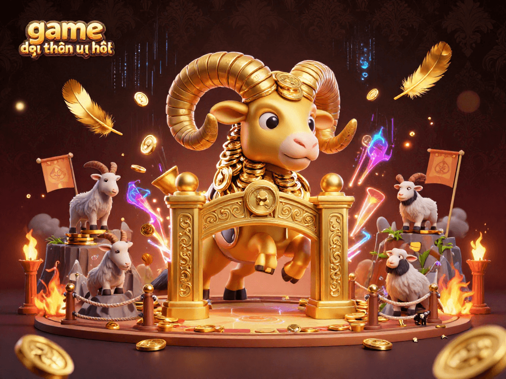 Experience the excitement of game đổi thưởng uy tín with a dynamic scene featuring a golden ram charging through a vibrant casino arena.