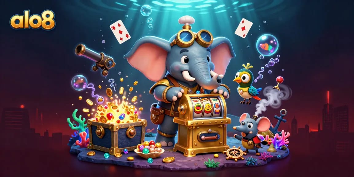Engage with the playful steampunk scene at ALO8, featuring dynamic casino elements and vibrant energy.