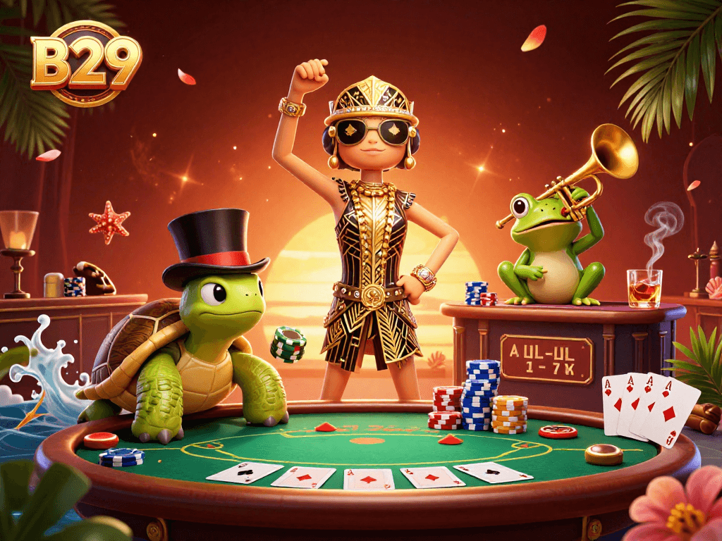 B29 Casino showcases exciting gameplay with a classy turtle, a trumpet-playing frog, and a 1920s crane amid vibrant casino elements.