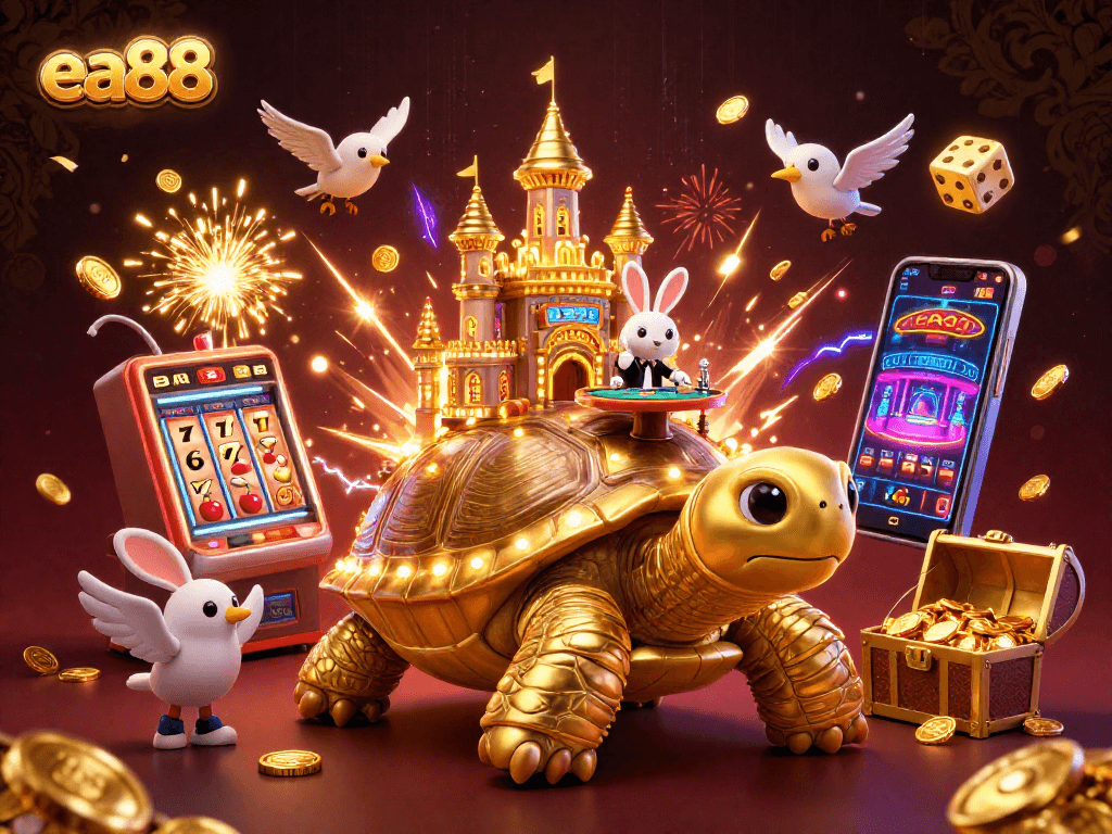 Spin to win at ea88 with a vibrant scene of a golden tortoise casino bursting with excitement and coins.