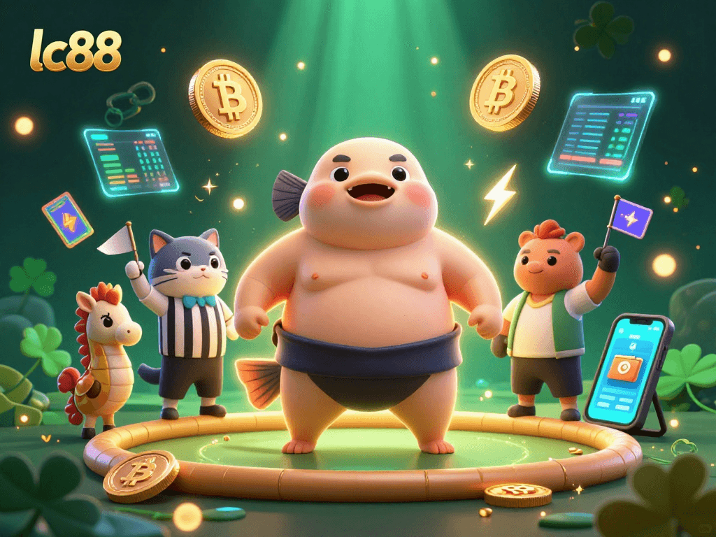 Experience the excitement of lc88 with a dynamic scene featuring a cartoon fugu in a sumo match amidst crypto-themed elements.
