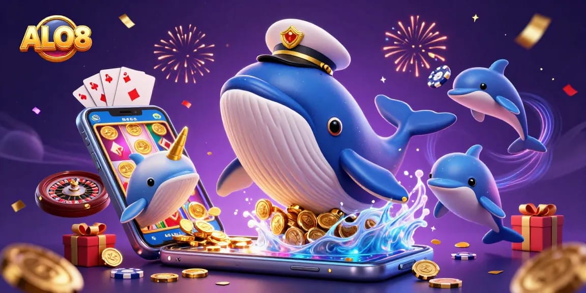 Experience the thrill of ALO8 with a vibrant 3D scene featuring a whale, narwhal, and dolphins amidst casino elements.
