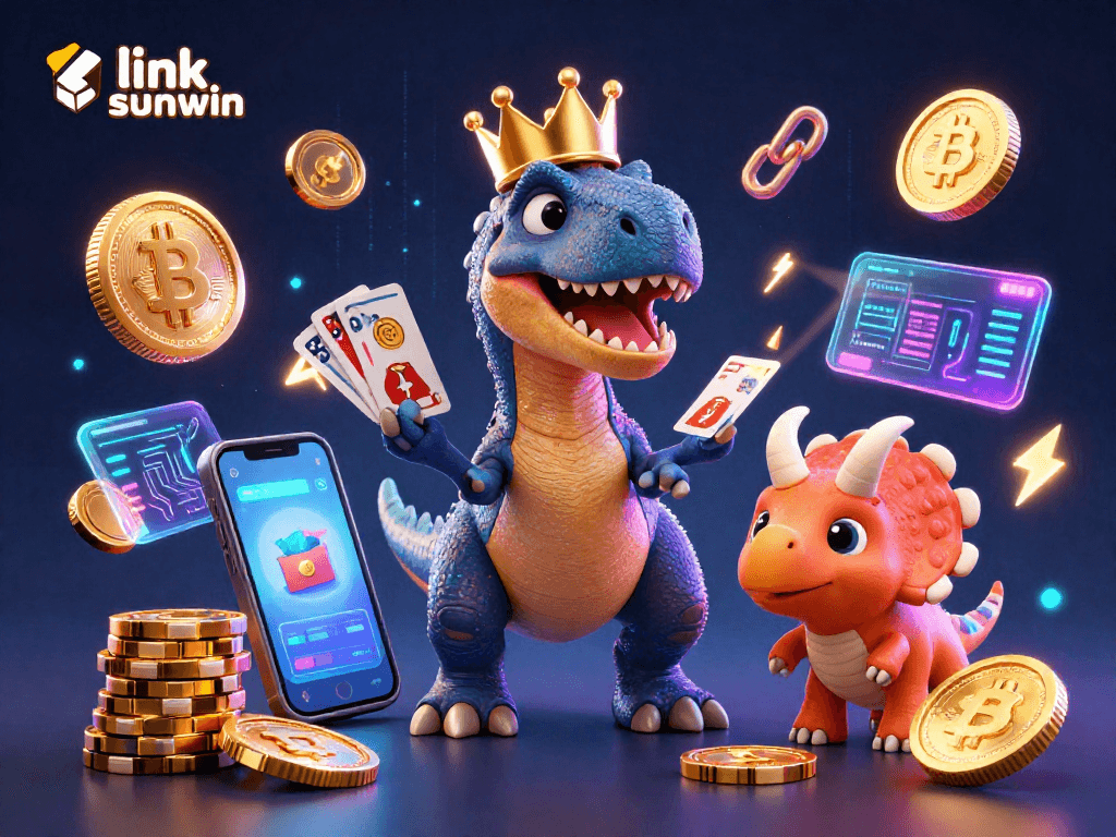 Experience exciting games at link sunwin, featuring friendly cartoon dinosaurs among neon cryptocurrency elements.