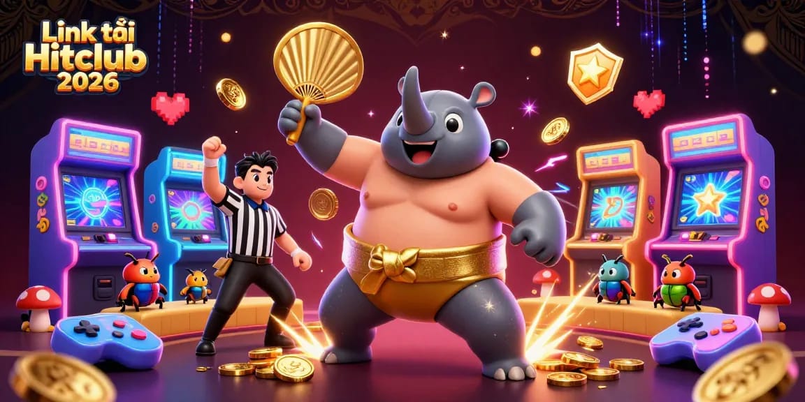 Experience the excitement of Link tải Hitclub 2026 with a vibrant 3D illustration featuring beetle characters amid flowing golden coins and gaming machines.