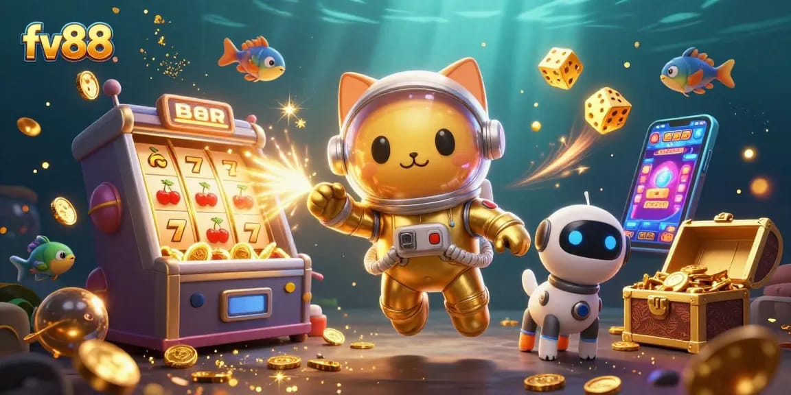 fv88 presents an exciting 3D casino adventure with a floating astronaut cat and jackpot symbols.