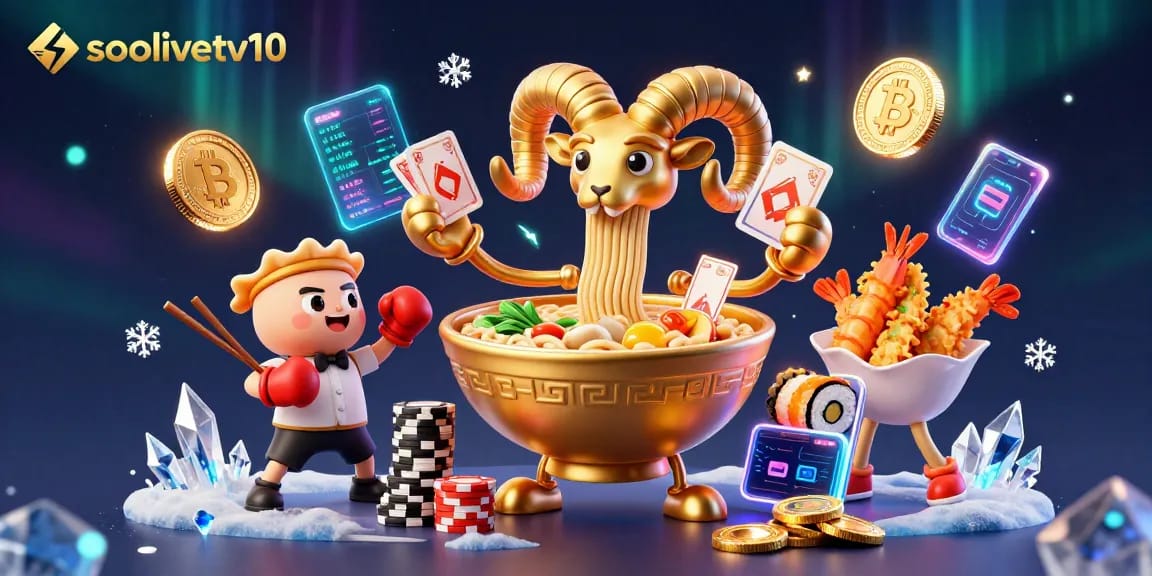 Socolivetv10 showcases a bustling online gambling scene with vibrant cartoon characters and crypto elements.