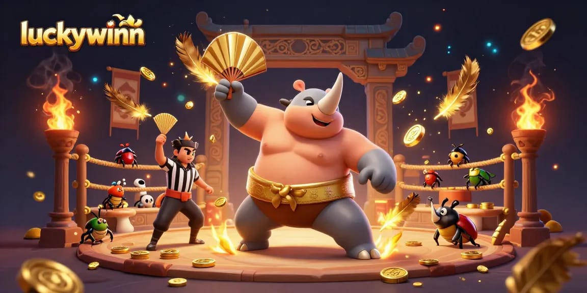 Luckywinn champions celebrate with golden coins amidst dynamic fighting and casino elements.