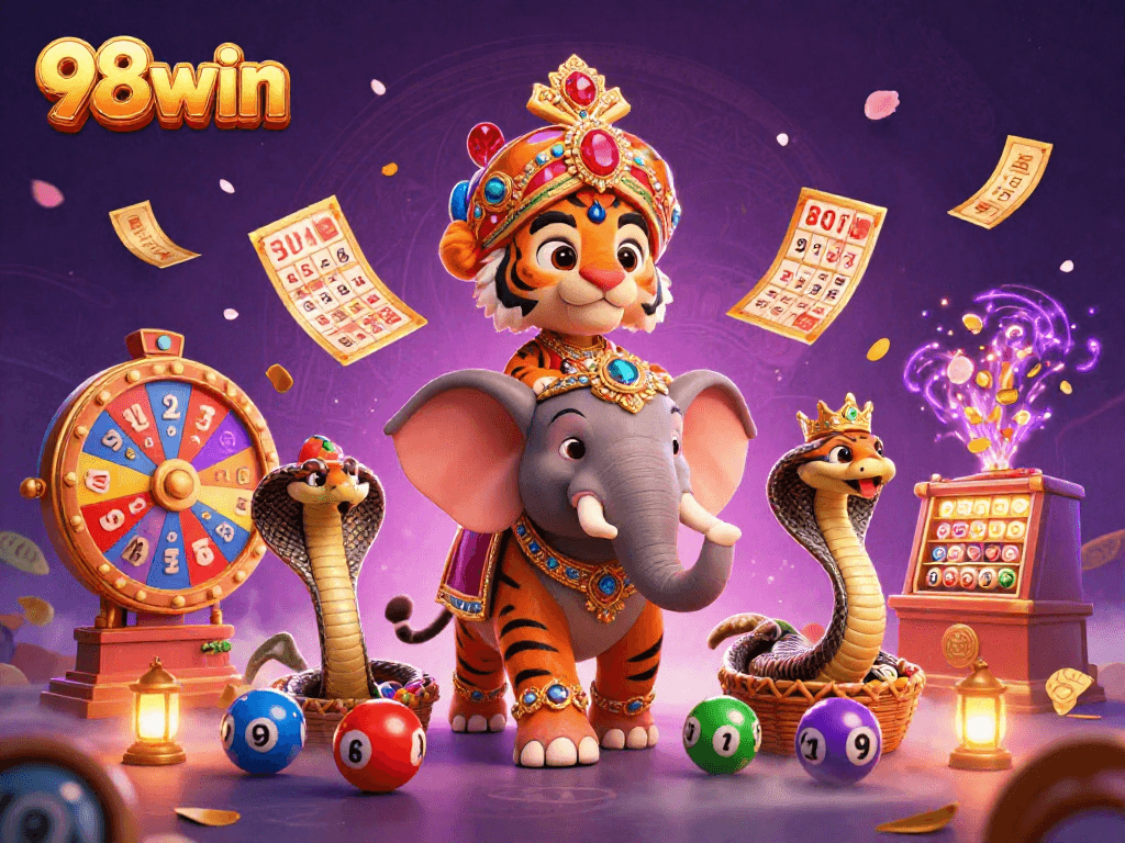 Win big at 98win with vibrant lottery balls and casino excitement in this captivating scene.