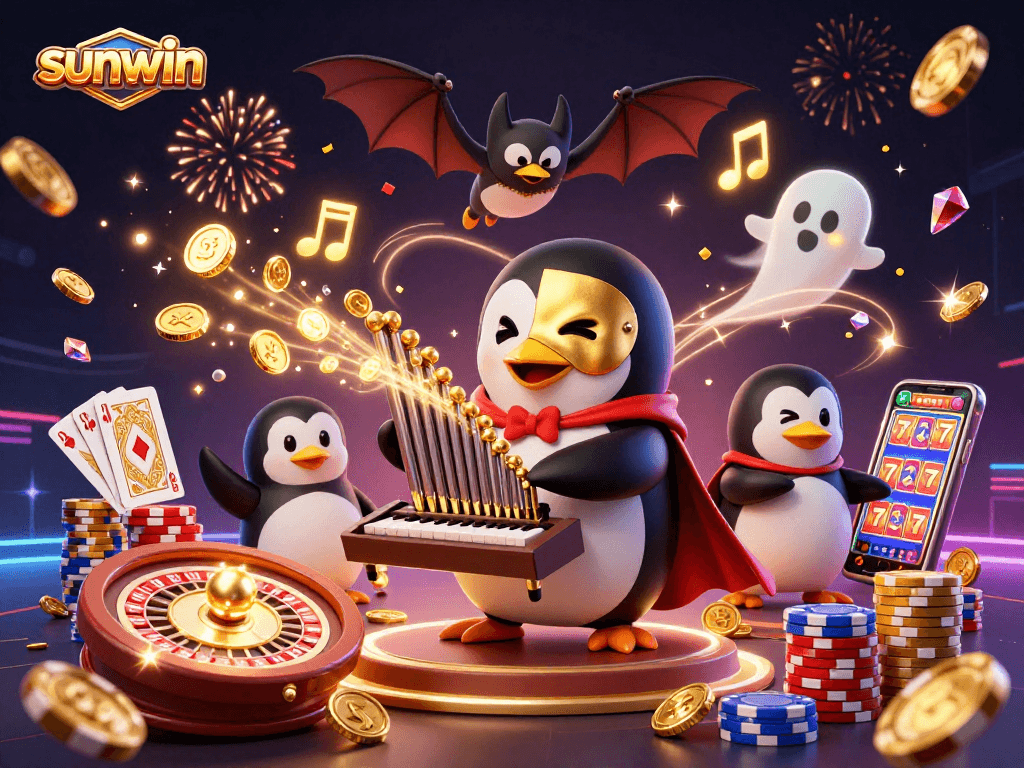 Sunwin captivates players with a vibrant casino scene filled with golden coins and musical elements.
