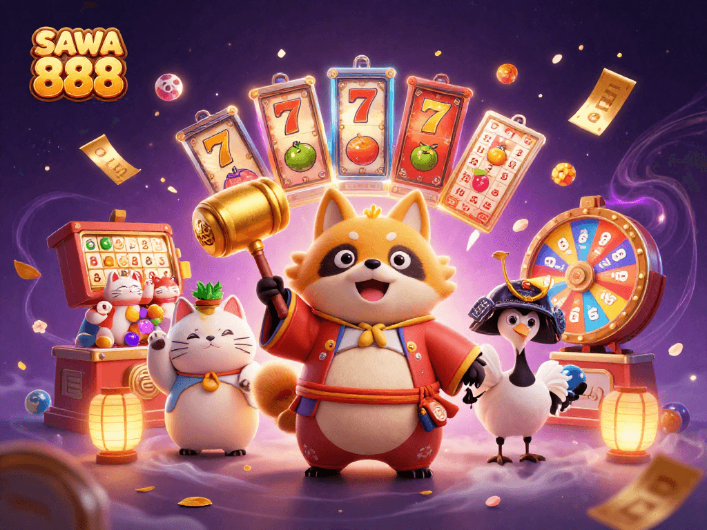 Play and win at SAWA 888 with a cheerful tanuki and lucky symbols in vibrant celebration.