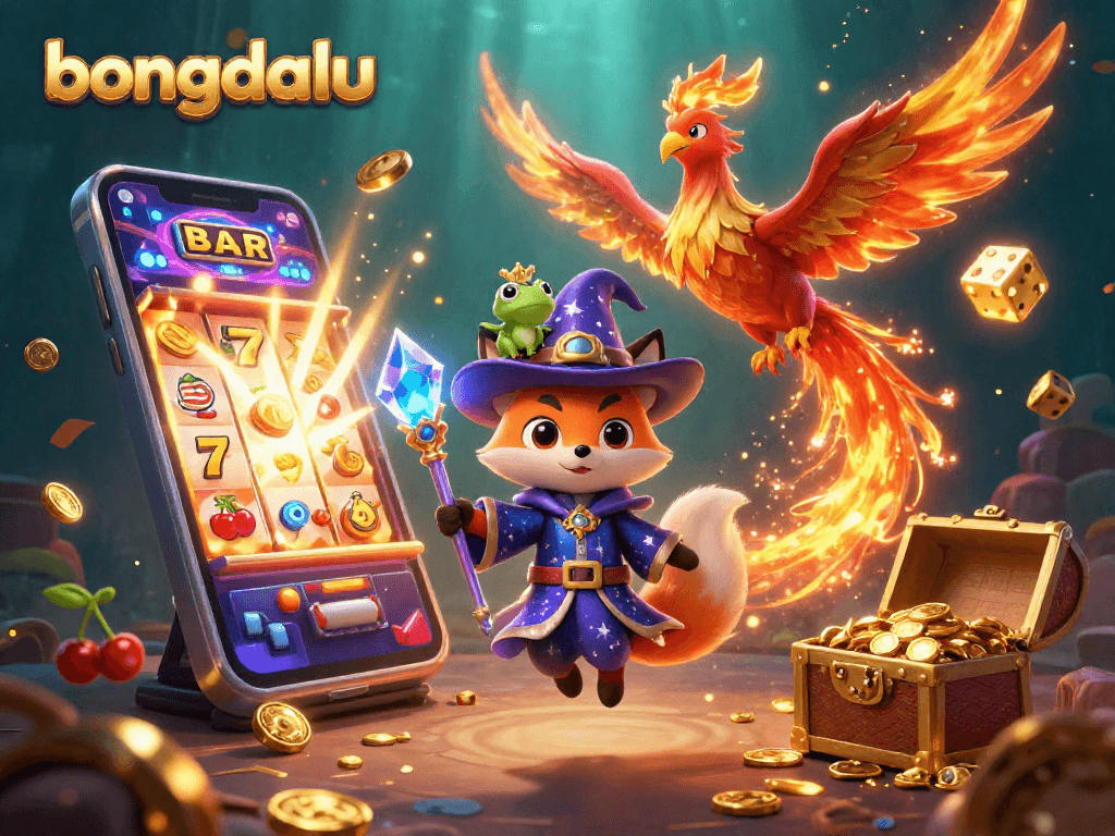 Witness the magical world of bongdalu as a wizard fox and phoenix celebrate jackpots in a vibrant casino scene.