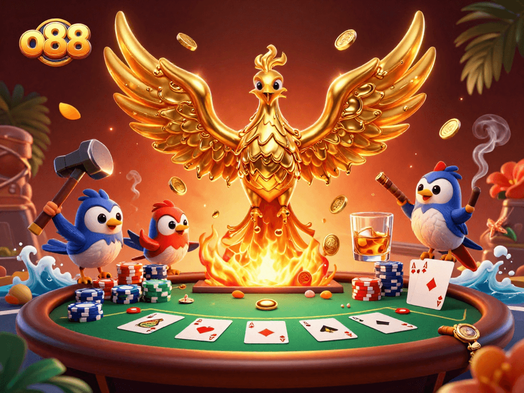Experience thrilling poker gameplay with o88's golden phoenix rising amidst dynamic gaming elements.
