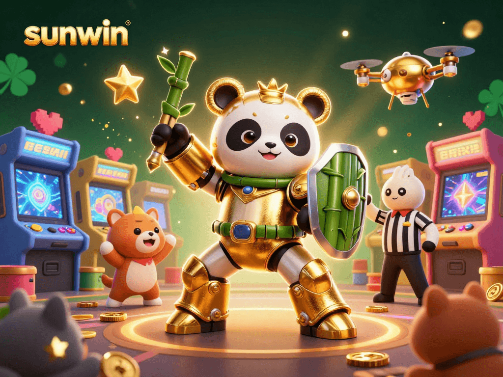 Experience sunwin excitement with a vibrant 3D illustration of a casino-themed mech suit battle.