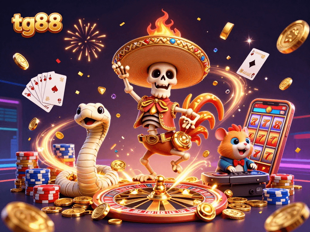 Experience the thrill of tg88 with a vibrant 3D scene of a festive celebration featuring unique casino characters.