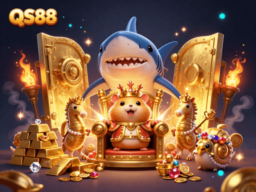 Experience thrilling slots and jackpots at QS88 with the majestic hamster king surrounded by treasures.