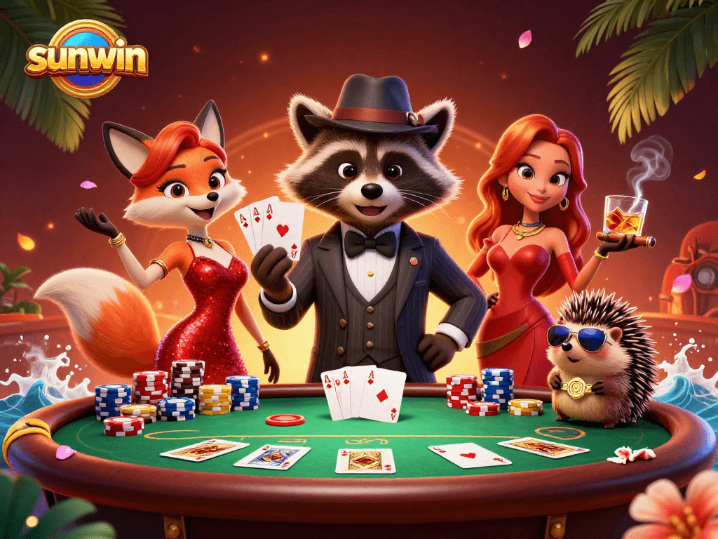 Experience the thrill of sunwin poker with a suave raccoon and friends in a vibrant casino scene.