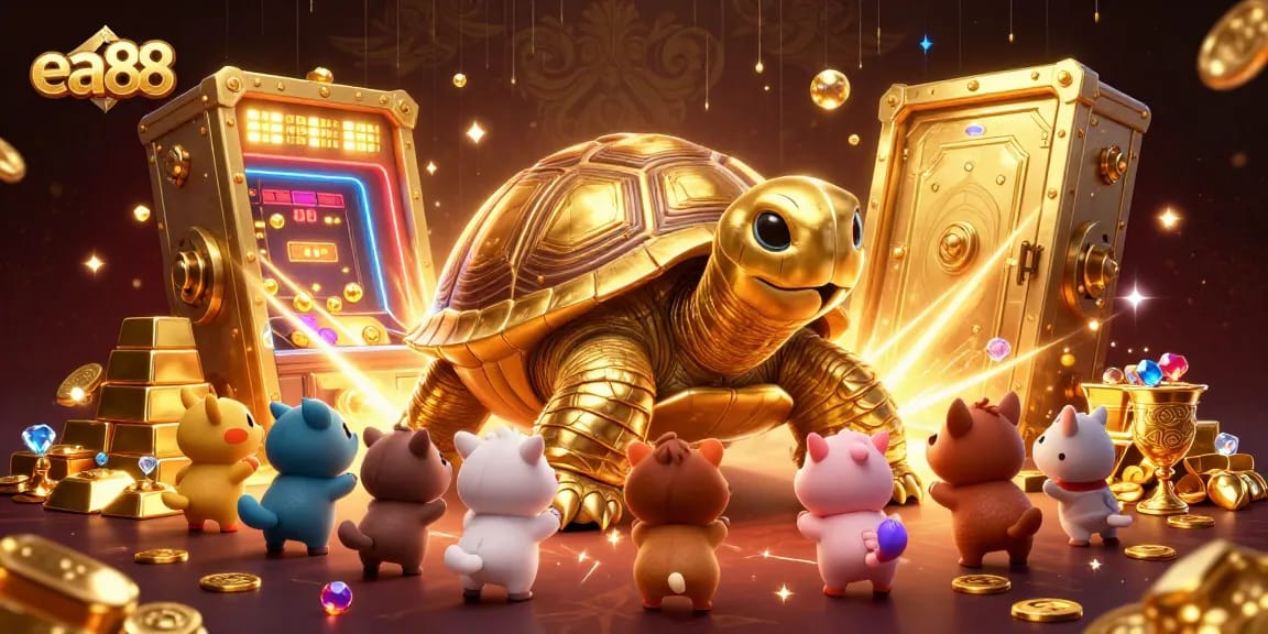 ea88 engaging players with a golden tortoise pinball machine in a vibrant casino-themed illustration