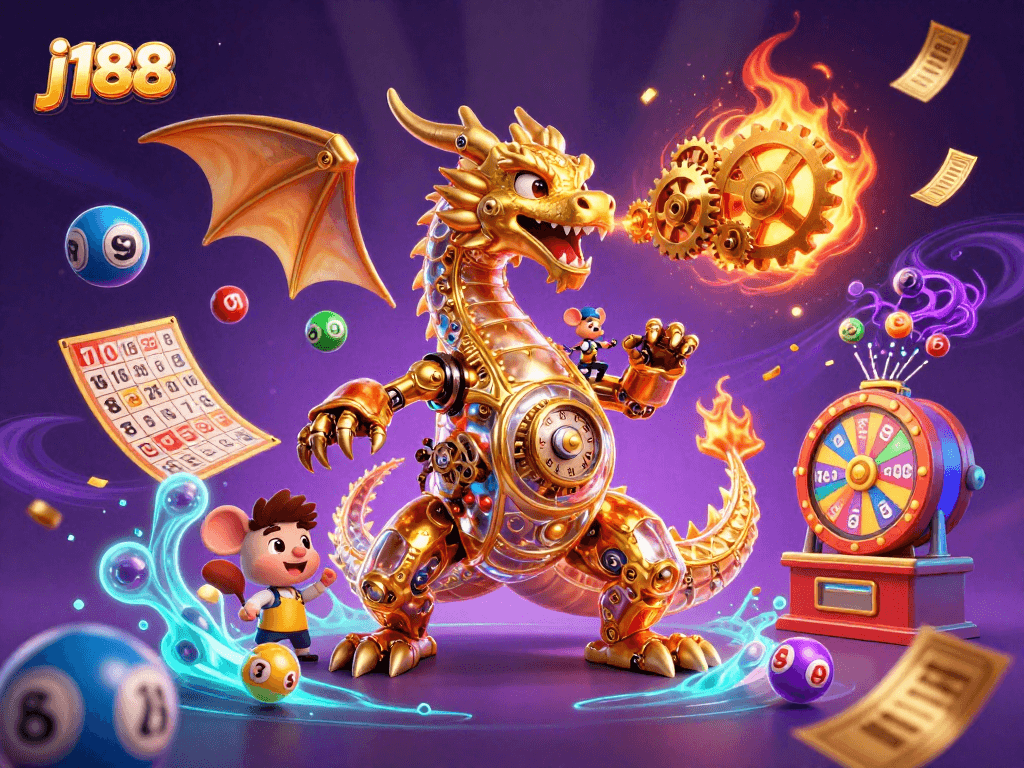 Engage in excitement at j188 with a dynamic scene of our golden dragon and various lottery elements.